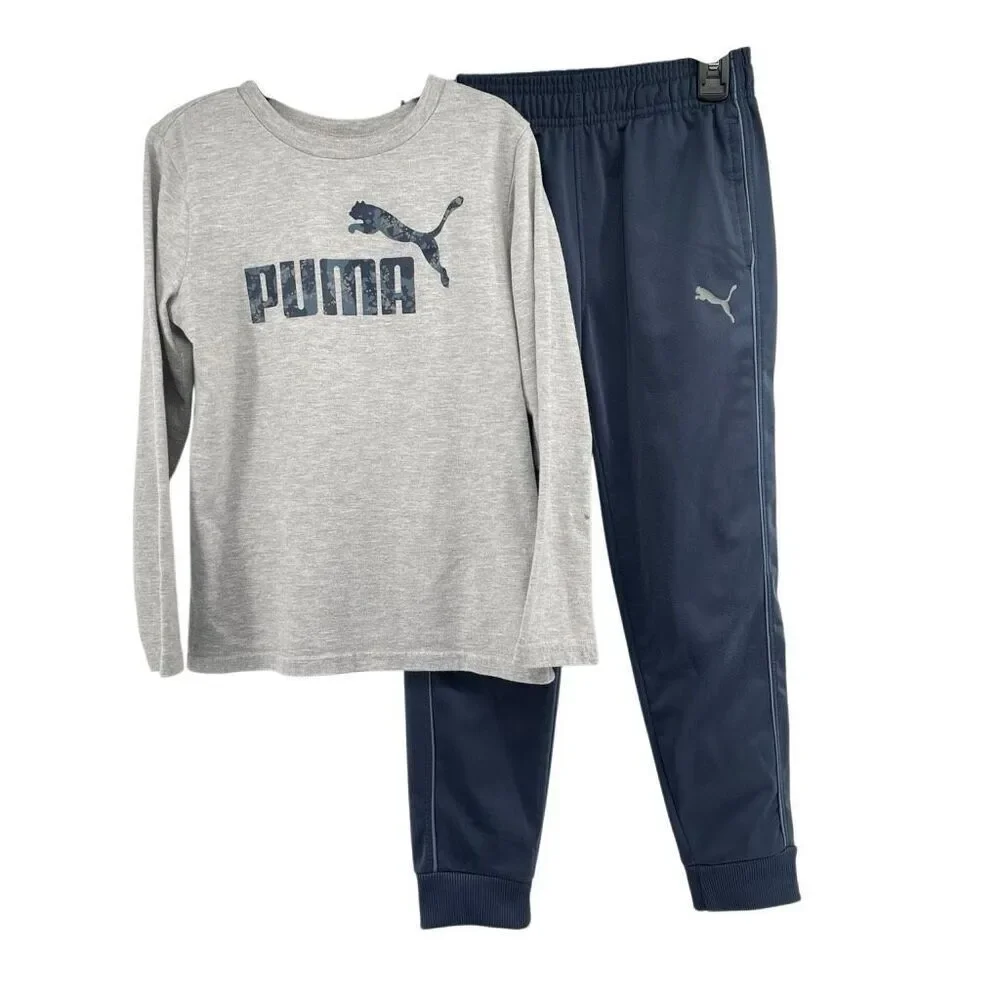 Puma Boys Size 7 Athletic Set Gray Logo Shirt Navy Jogger Pants Kids Outfit